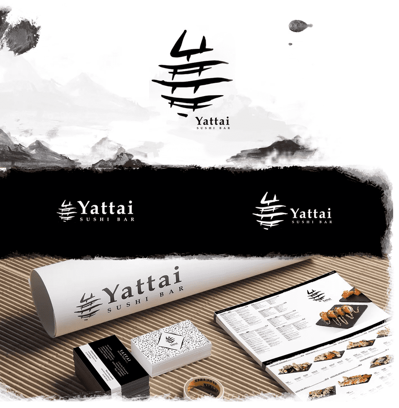Grafika przedstawiająca zaprojektowane logo i materiały firmowe firmy Yattai